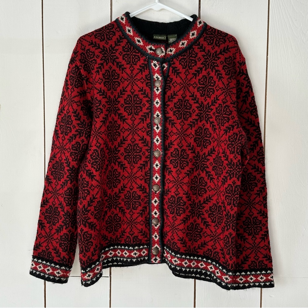 Vintage 90s LL Bean Nordic Snowflake Wool Cardigan Sweater Sz M Red